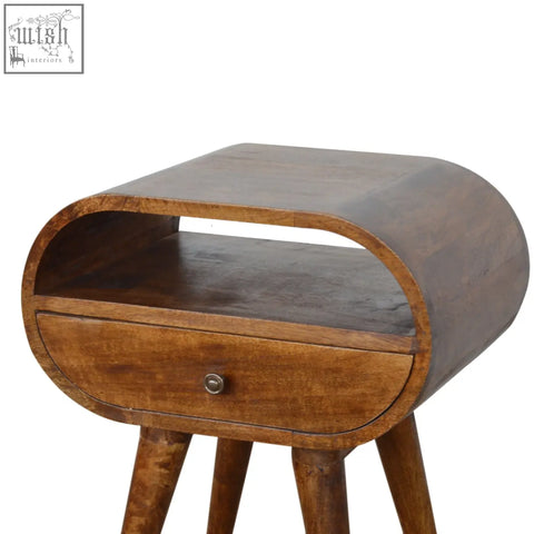 Curved wooden nightstand with single drawer and tapered legs in a warm chestnut finish perfect for bedside storage