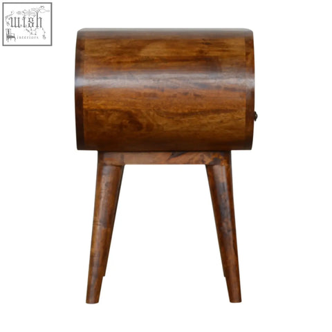 A sleek cylindrical wooden chestnut 1-drawer chest of drawers with a warm chestnut finish and tapered legs
