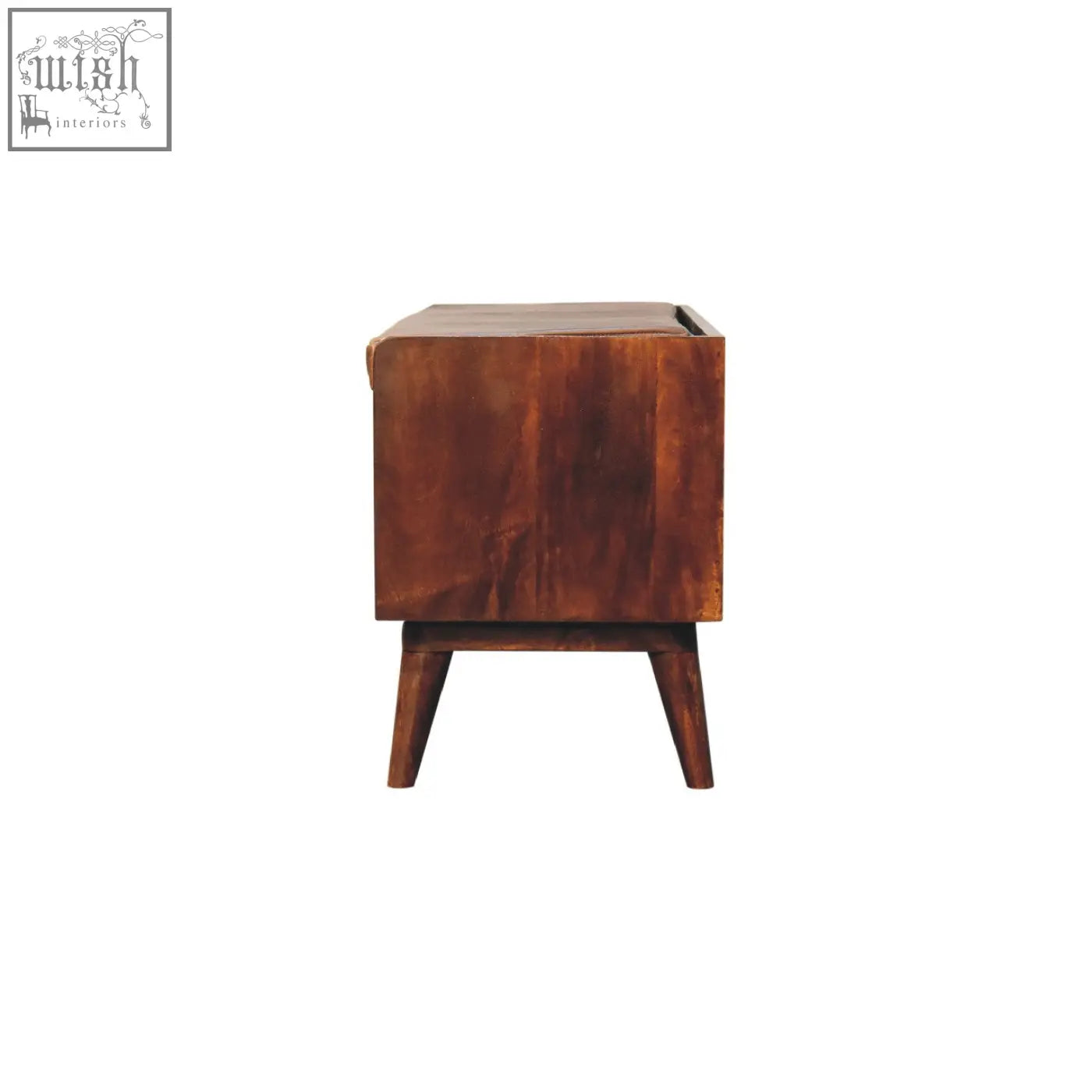 A rustic chestnut bench with a brown leather seatpad and a matching wooden side table with tapered legs