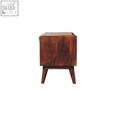 A rustic chestnut bench with a brown leather seatpad and a matching wooden side table with tapered legs