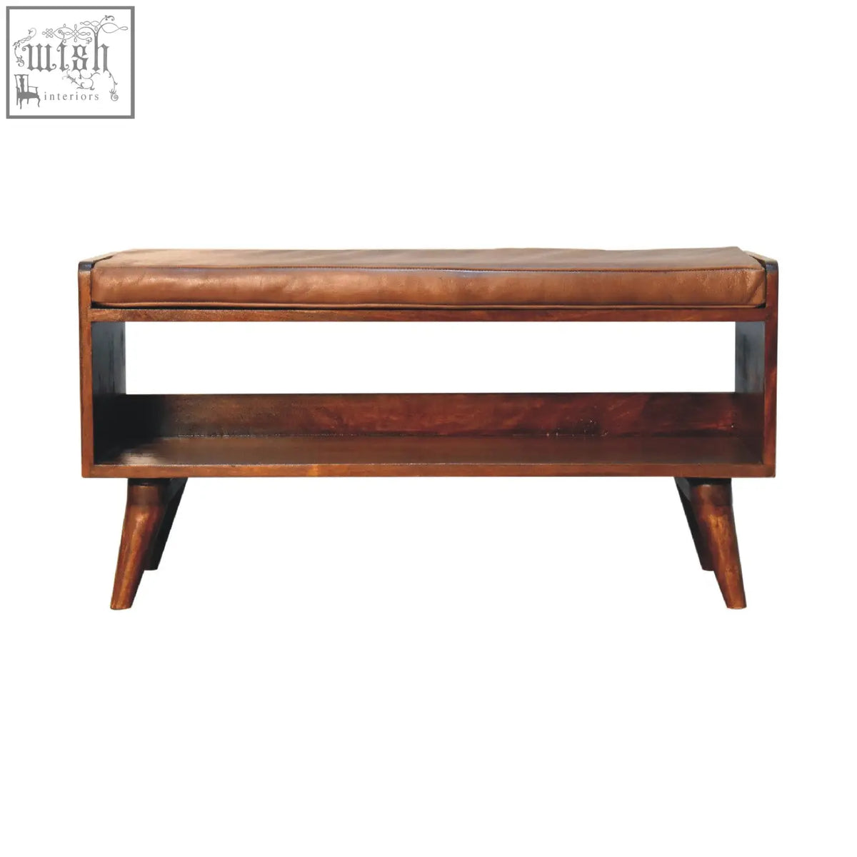 Chestnut bench with brown leather seatpad features a brown leather seat and wooden tapered legs with a lower shelf