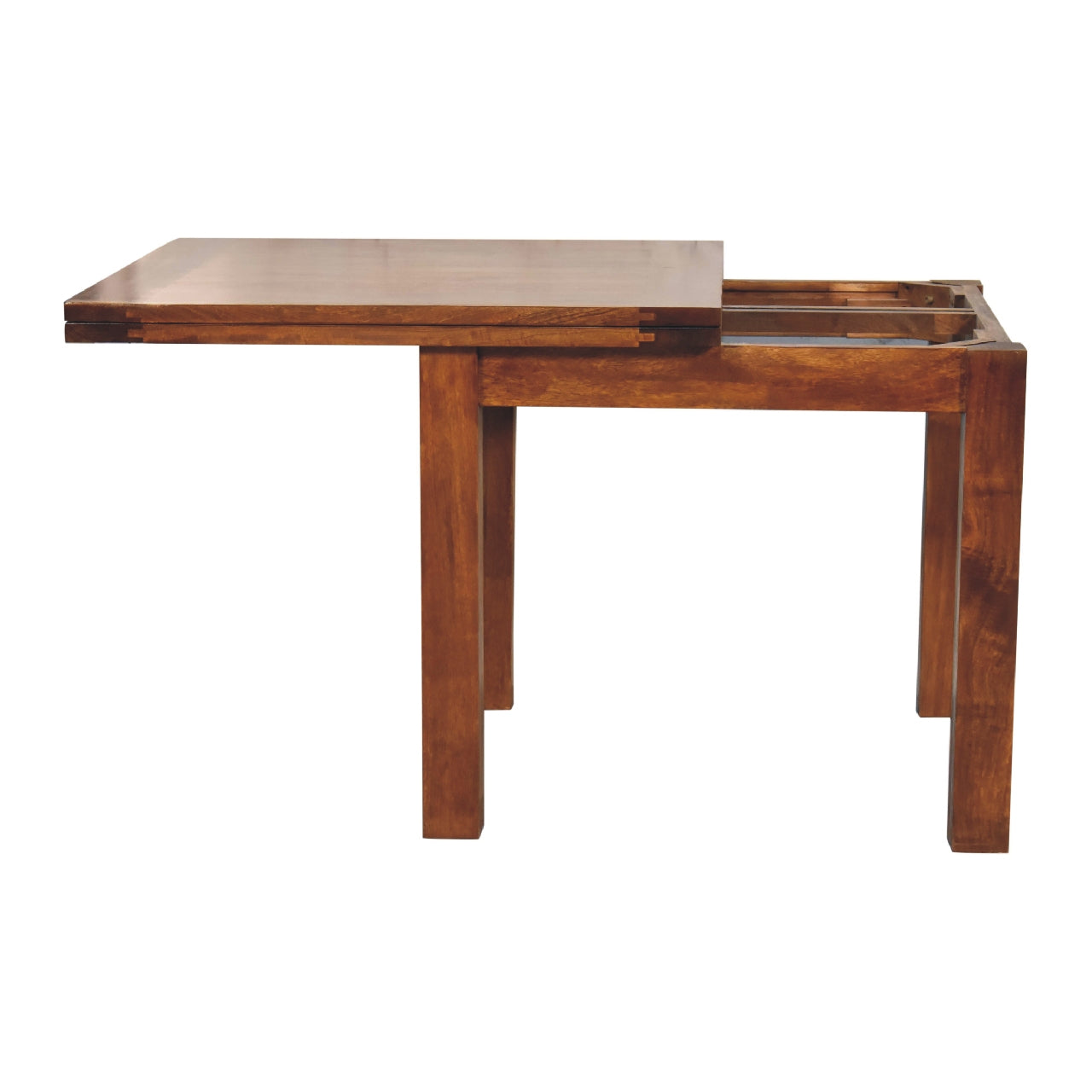 Brown wooden chestnut butterfly dining table with visible wood grain and sleek modern extendable design