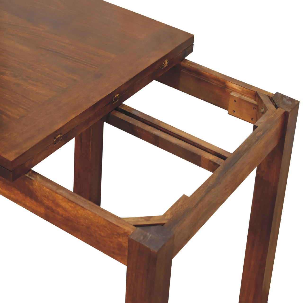 Dark brown wooden chestnut butterfly dining table with metal hinges and sturdy rectangular legs, extendable design
