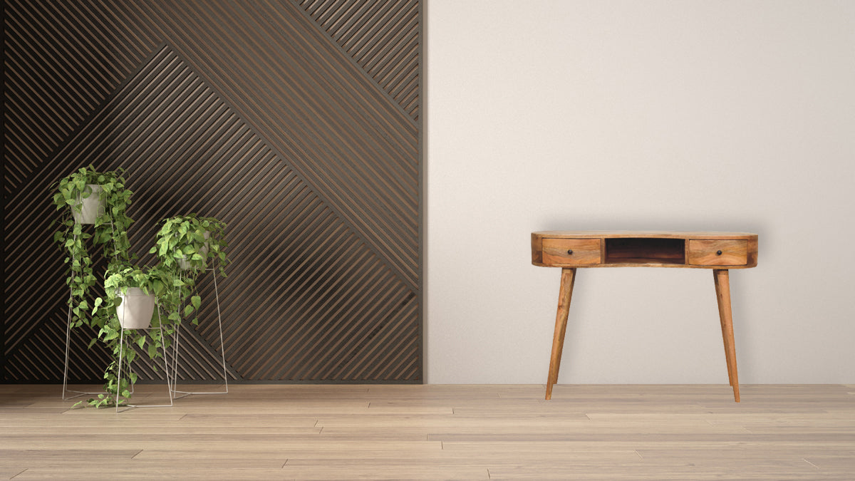 Chestnut butterfly dining table with a minimalist wooden console table featuring two drawers and tapered legs in natural wood finish