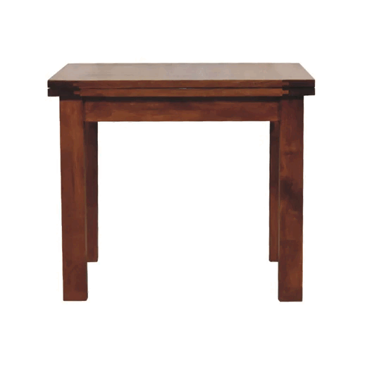 A sleek chestnut butterfly dining table made of dark brown wood with minimalist design and sturdy rectangular legs