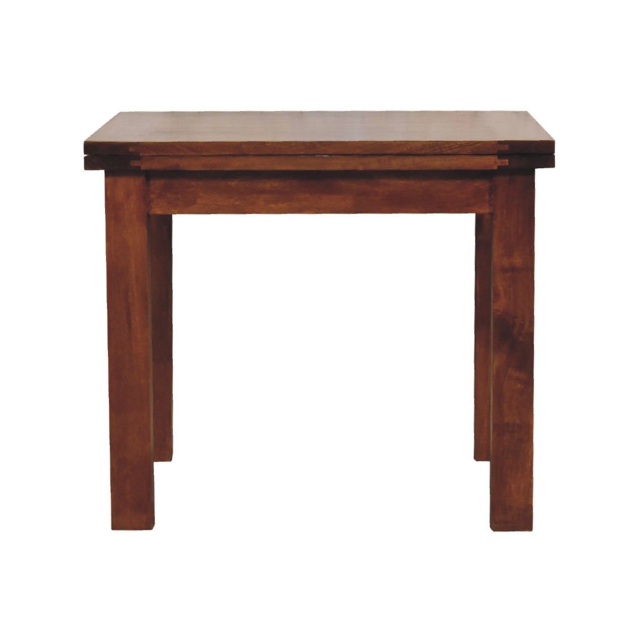 Solid wood chestnut butterfly dining table with dark brown finish and sturdy square legs perfect for family meals