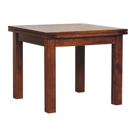 Solid wood chestnut butterfly dining table with rich dark brown finish and sturdy square legs for dining room use
