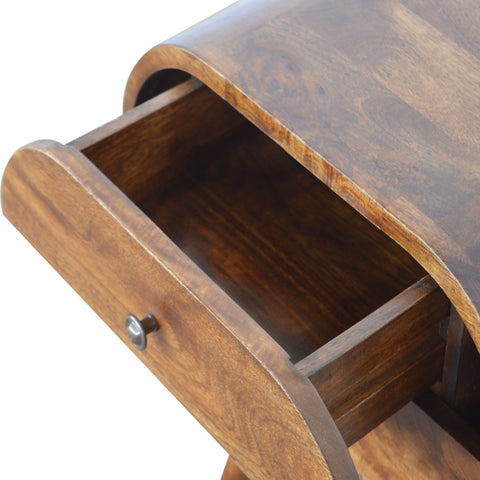 Curved wooden chestnut circular bedside table with single drawer and dark brown finish for bedroom use