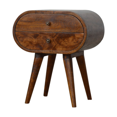 Mid-century modern chestnut circular bedside table with two drawers in dark wood and tapered legs