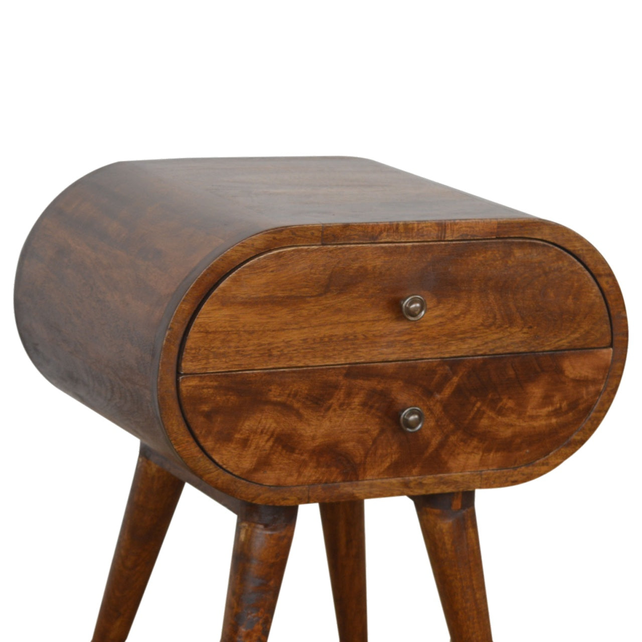 Chestnut circular bedside table mid-century modern oval wooden nightstand with two drawers and tapered legs