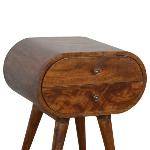 Chestnut circular bedside table mid-century modern oval wooden nightstand with two drawers and tapered legs