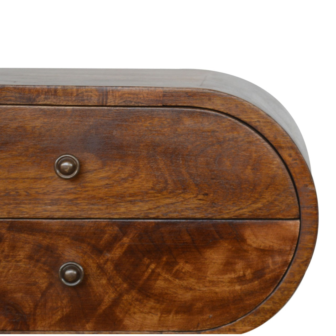 Chestnut circular bedside table with rich warm-toned wooden body and two curved drawers with dark metal knobs