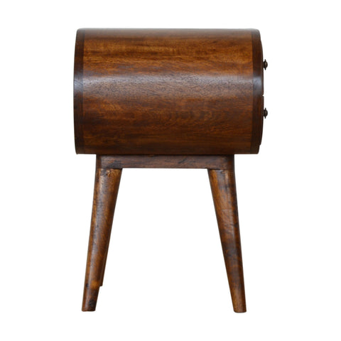 A sleek cylindrical wooden bedside table with a rich brown finish and tapered legs called chestnut circular bedside table