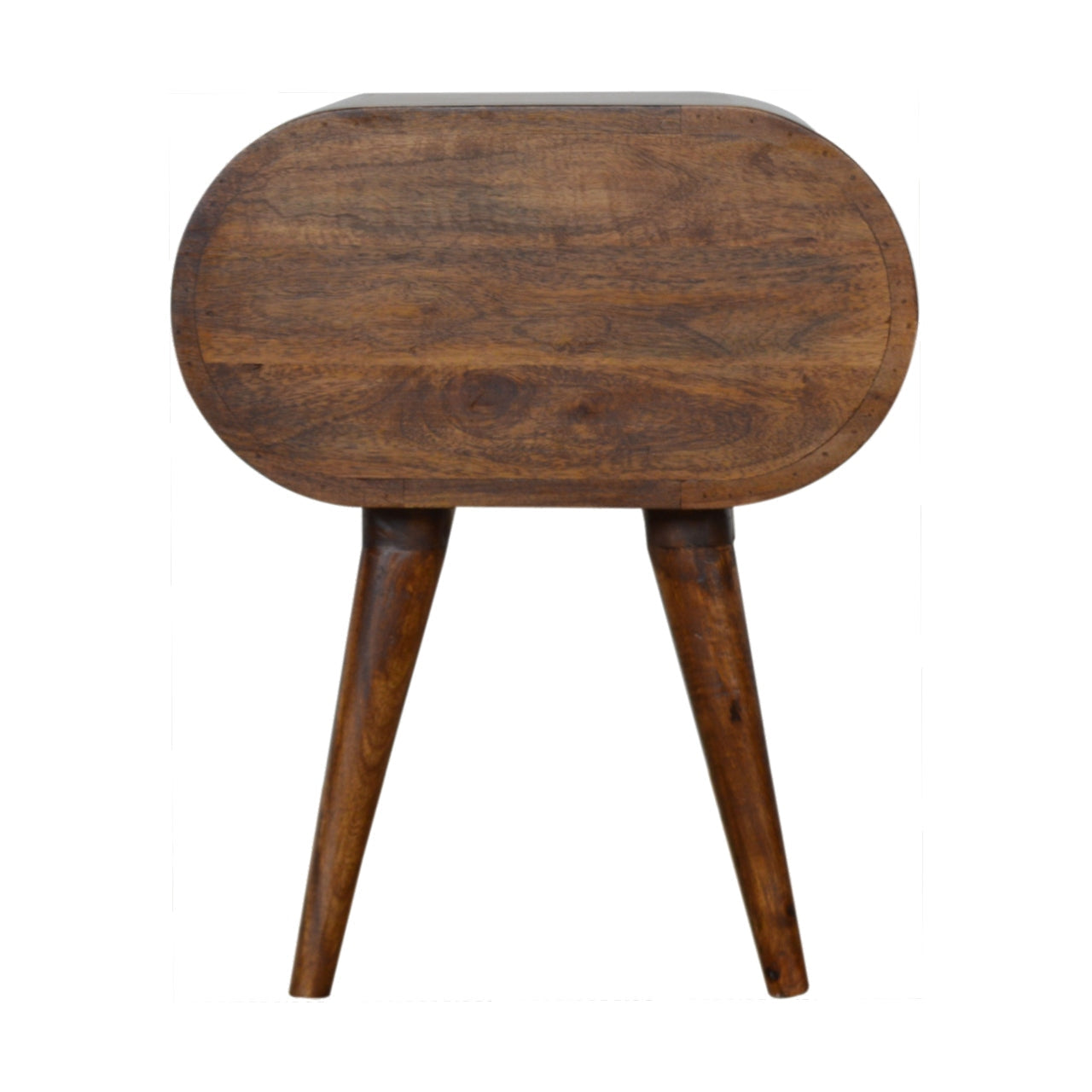 Chestnut circular bedside table with a sleek oval wooden top and tapered legs perfect for bedroom use