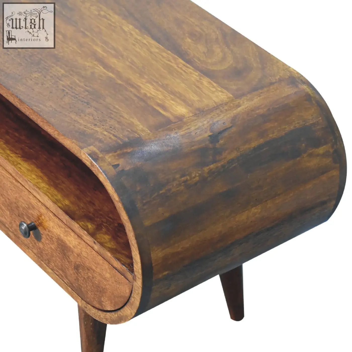 Curved wooden circular tv stand in warm medium brown finish made from solid mango wood with visible grain