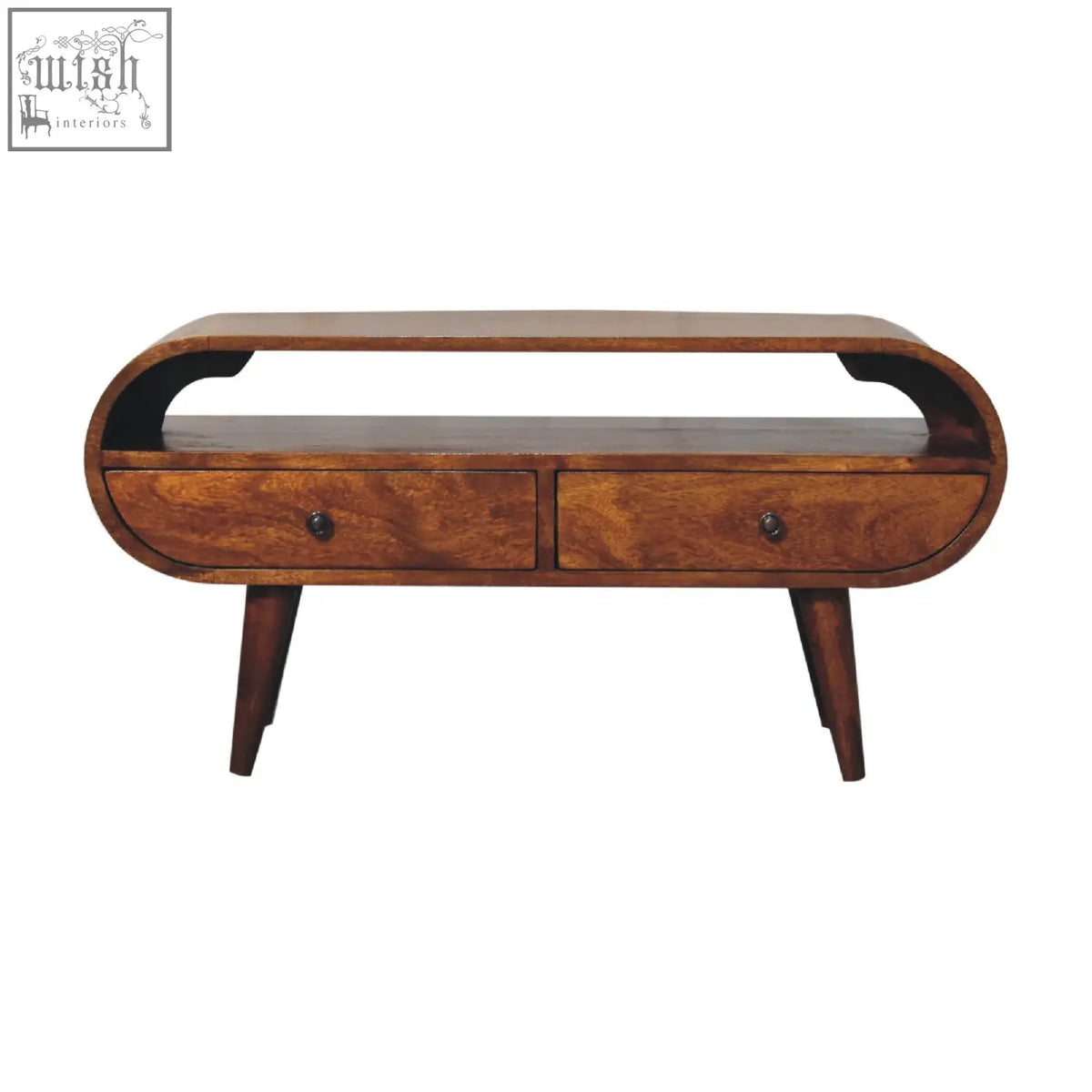 Mid-century modern chestnut circular tv stand with rich brown solid mango wood finish and two drawers with dark round knobs