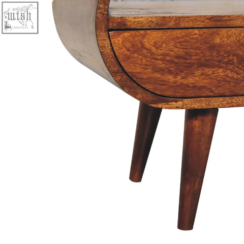 Chestnut circular tv stand side table with curved top and tapered legs in rich brown solid mango wood finish