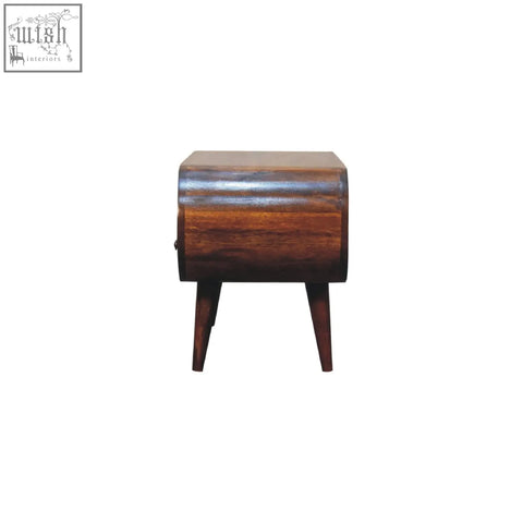 Chestnut circular tv stand with a sleek curved mahogany finish and solid mango wood tapered legs for stylish storage