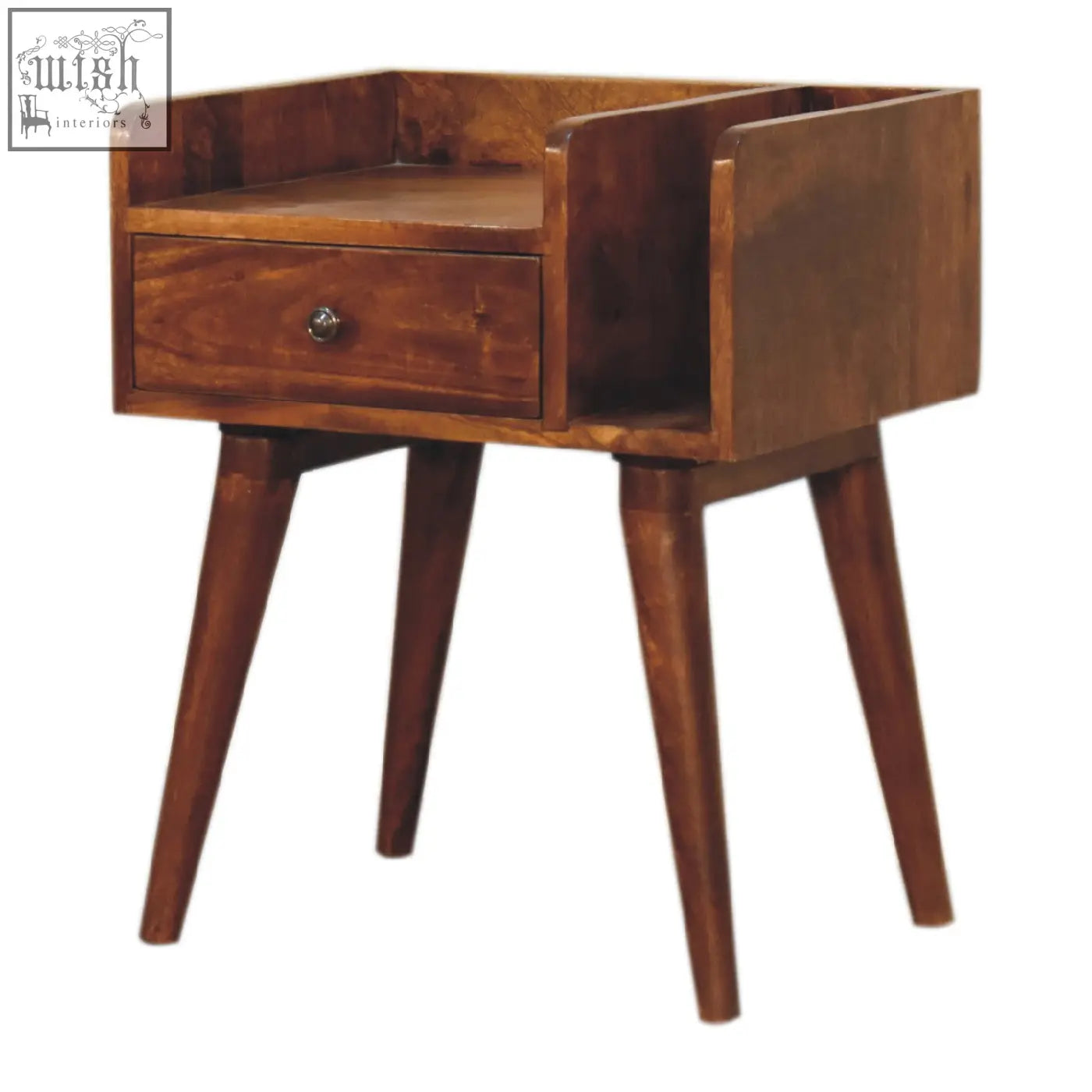 Chestnut collective bedside table in warm brown wood with a small drawer and tapered legs for stylish storage