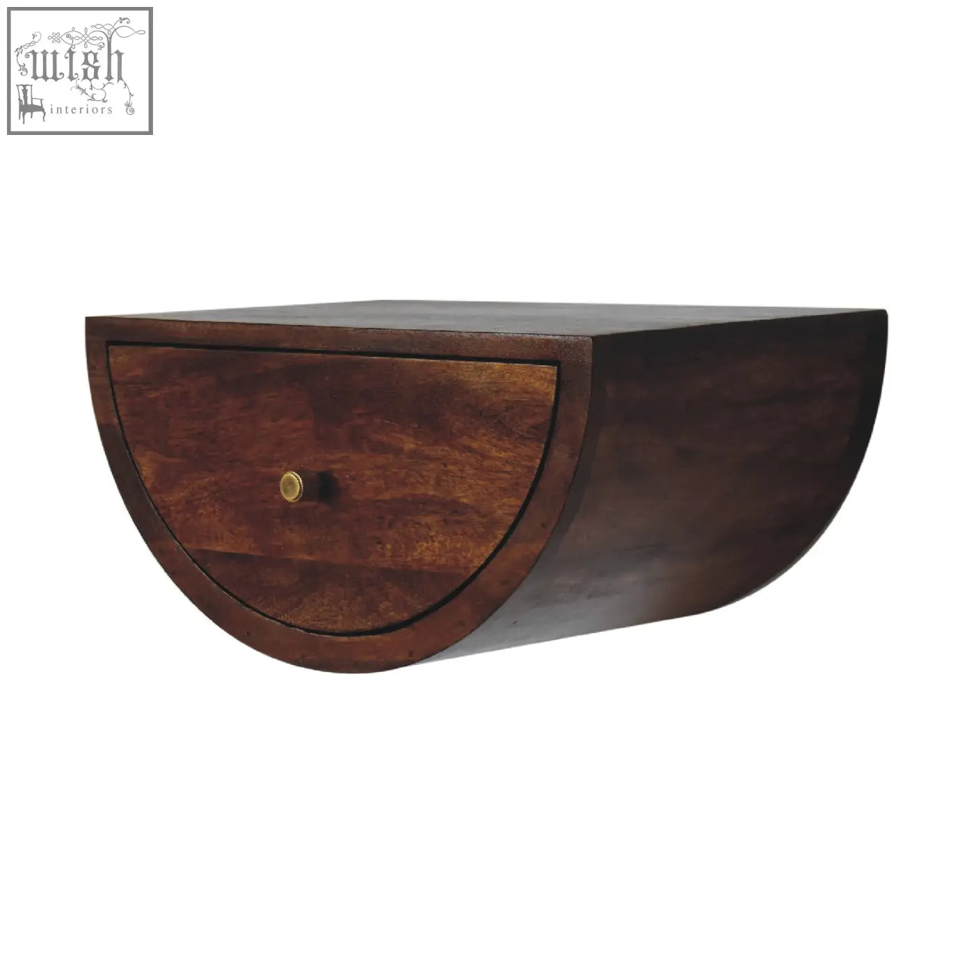 Dark brown chestnut crescent floating bedside table with single drawer and brass knob wall-mounted half-moon design