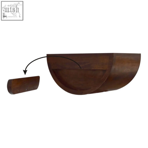 Dark brown chestnut crescent floating half-moon wooden shelf with matching detachable key rack wall-mounted bedside table