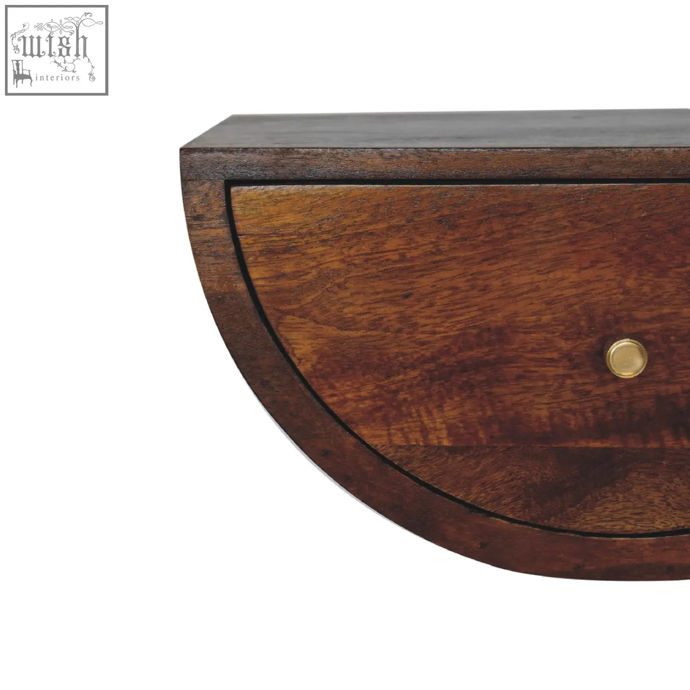 Dark brown chestnut crescent floating bedside table with half-moon drawer and brass knob wall-mounted design