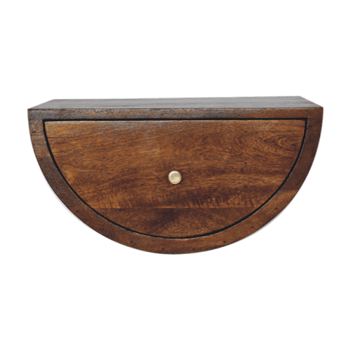 Chestnut crescent floating bedside table with half-moon wood drawer in dark brown and brass knob wall-mounted design