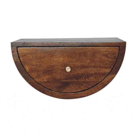 Chestnut crescent floating bedside table with half-moon wood drawer in dark brown and brass knob wall-mounted design