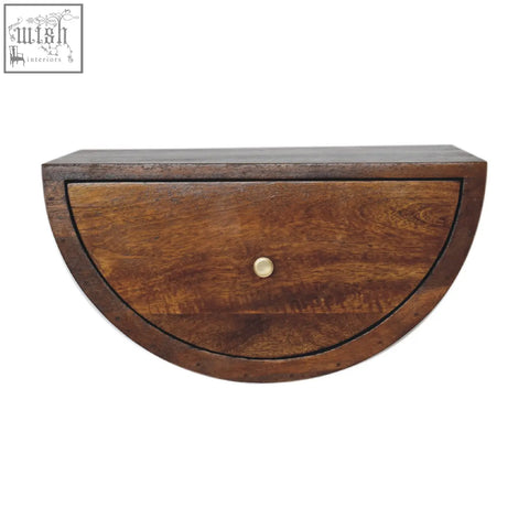 Half-moon shaped chestnut crescent floating bedside table in dark brown wood with brass knob wall-mounted design