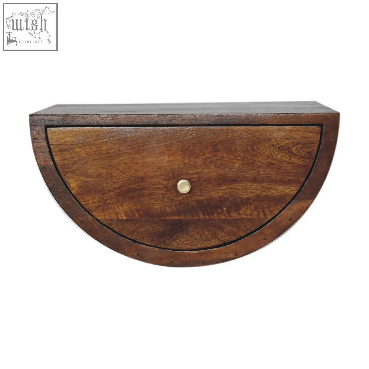 Half-moon shaped chestnut crescent floating bedside table with dark brown wood finish and brass round knob wall-mounted