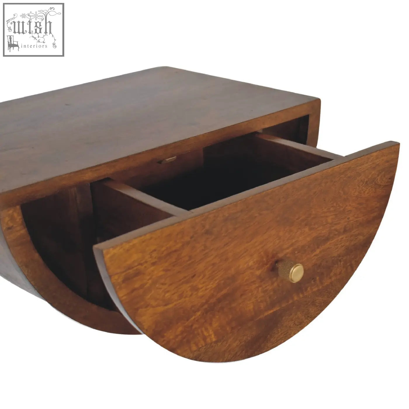 A sleek chestnut crescent floating bedside table with a curved wooden design and brass knob drawer in rich brown finish