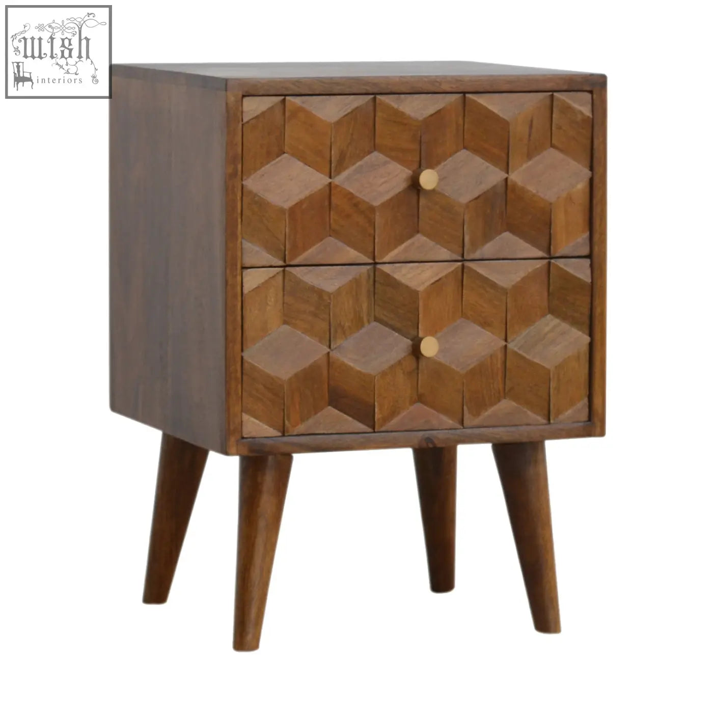 Dark wood chestnut cube carved bedside table with geometric drawer fronts and tapered legs for stylish storage