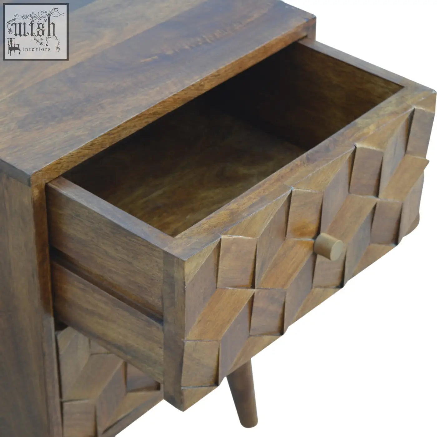 Rustic chestnut cube carved bedside table with hand carved geometric woven drawer fronts and tapered legs