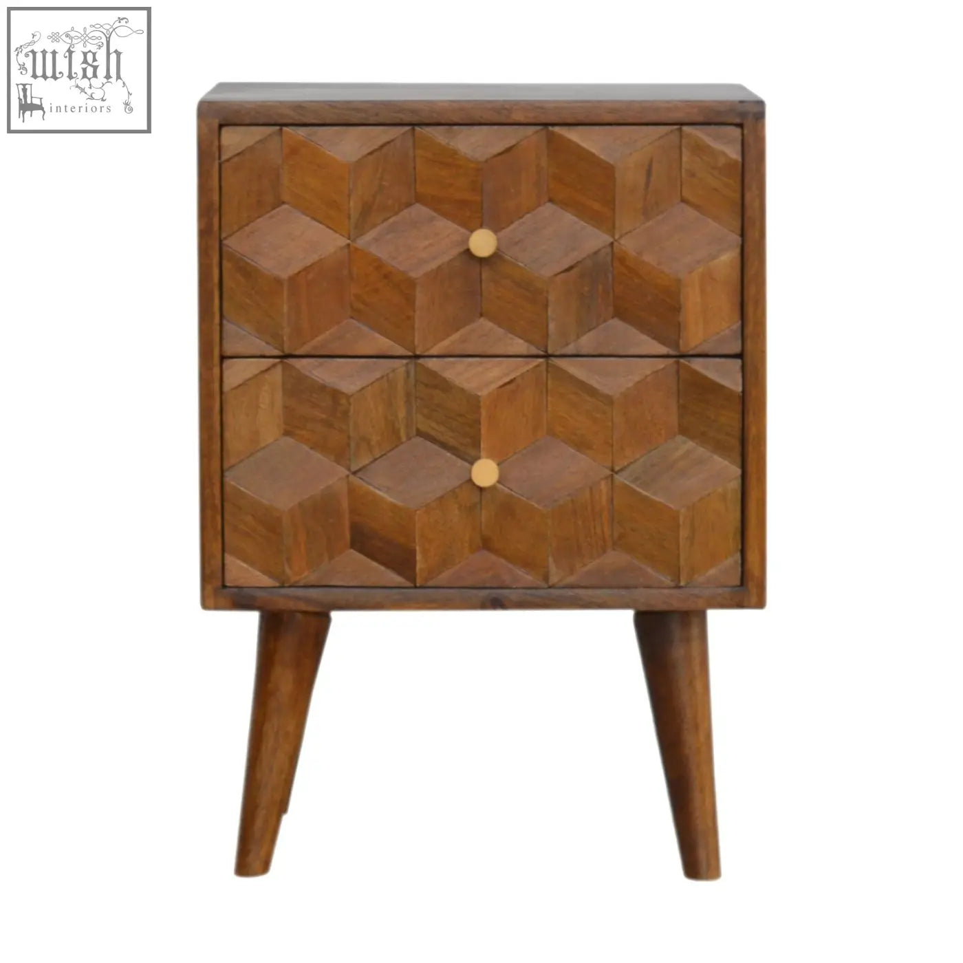 Rustic chestnut cube carved bedside table with geometric drawer fronts and light knobs on tapered legs