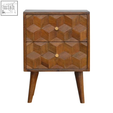 Rustic chestnut cube carved bedside table with geometric drawer fronts and light knobs on tapered legs