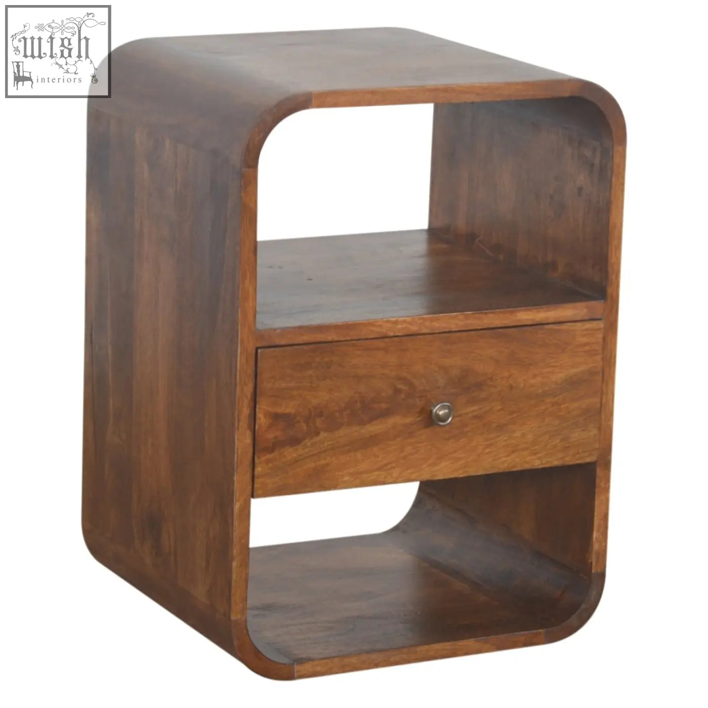 Chestnut curved edge bedside table in dark brown solid mango wood with a single drawer and silver knob