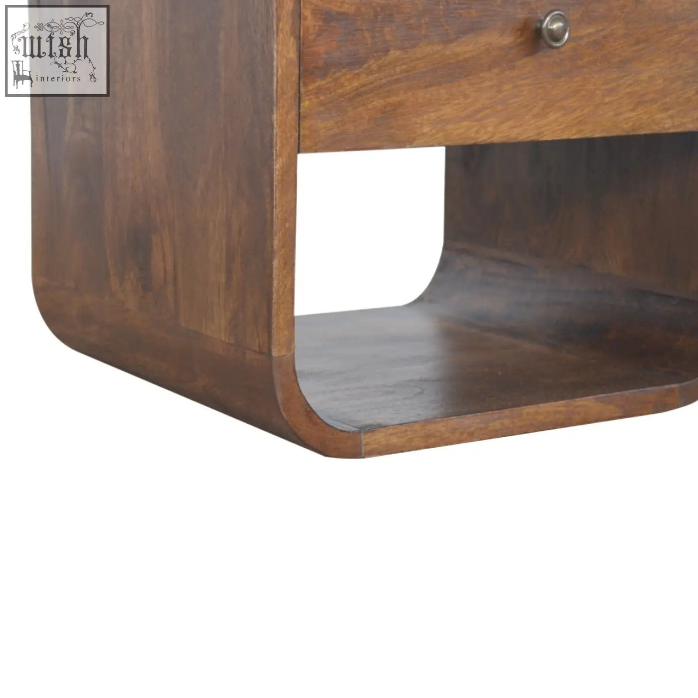 Dark brown chestnut curved edge bedside table with single drawer and curved lower shelf in solid mango wood