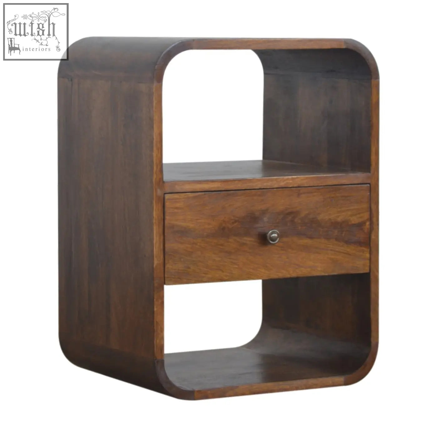 Dark brown chestnut curved edge bedside table with solid mango wood, curved design, drawer, and open shelves
