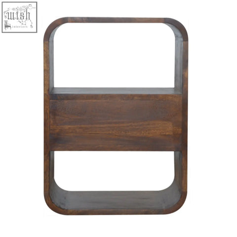 Chestnut curved edge bedside table with dark brown solid mango wood and two open compartments with rounded edges