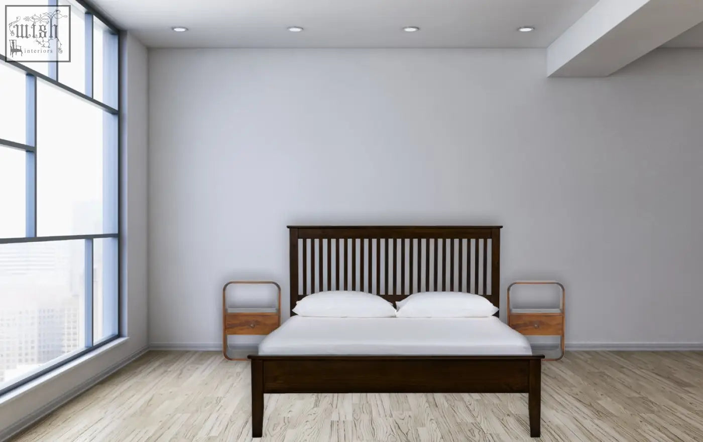 Dark wood slatted bed frame with white bedding next to a chestnut curved edge bedside table in solid mango wood