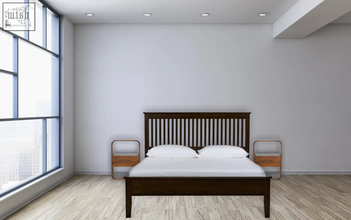 Dark wood slatted bed frame with white bedding and matching chestnut curved edge bedside solid mango wood tables