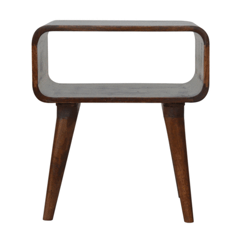 Chestnut curved edge bedside table made of solid mango wood with a curved top and tapered legs for mid-century style