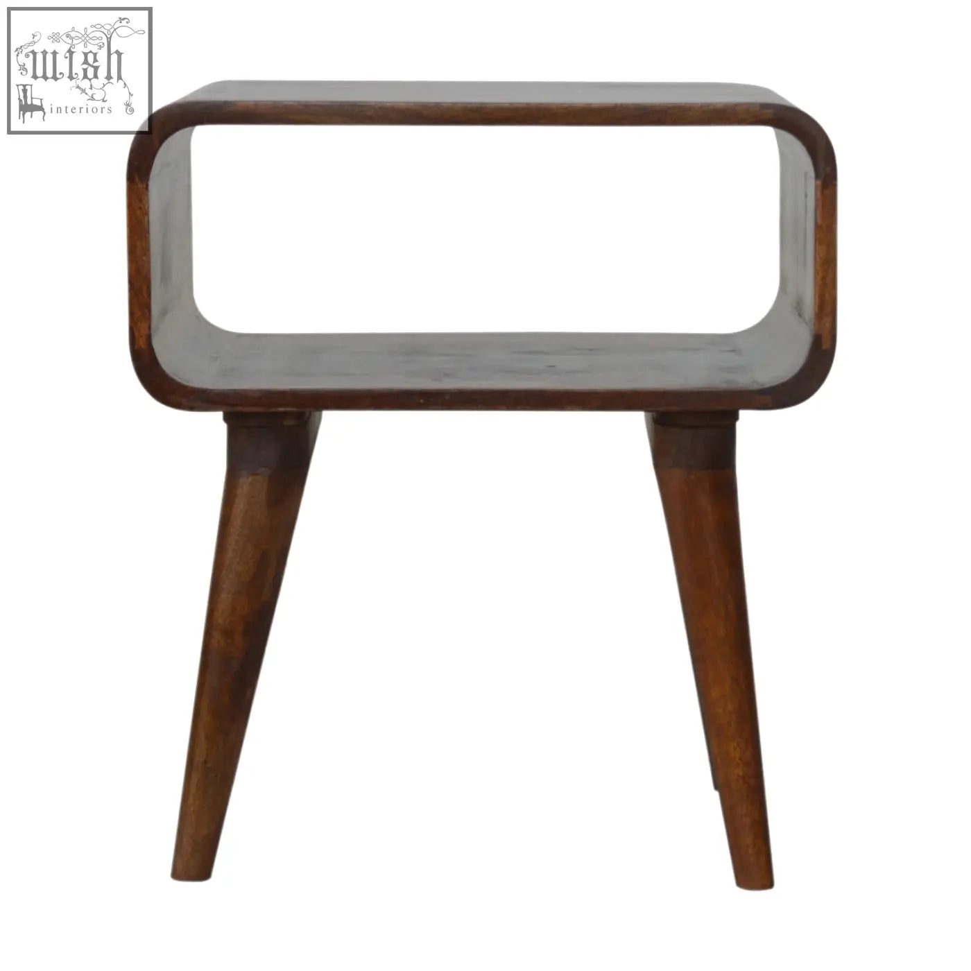 Chestnut curved edge bedside table with solid mango wood, sleek curved top, and tapered legs for mid-century modern style