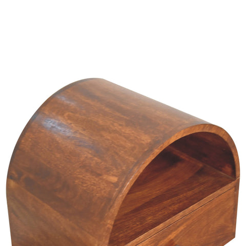 Brown wooden bread box with curved lid and visible wood grain featured on chestnut dome bedside table