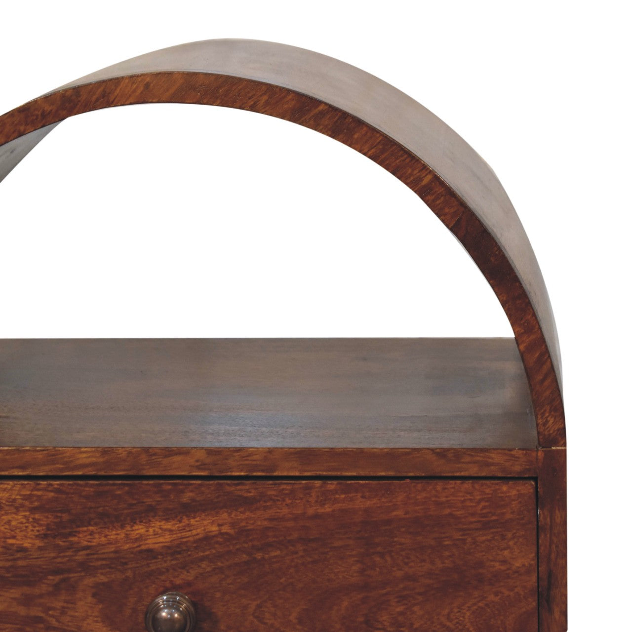 A chestnut dome bedside table with a curved arched wooden handle in rich brown finish and visible wood grain