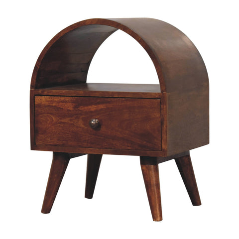 Dark brown wooden chestnut dome bedside table with curved top and tapered legs for bedroom use
