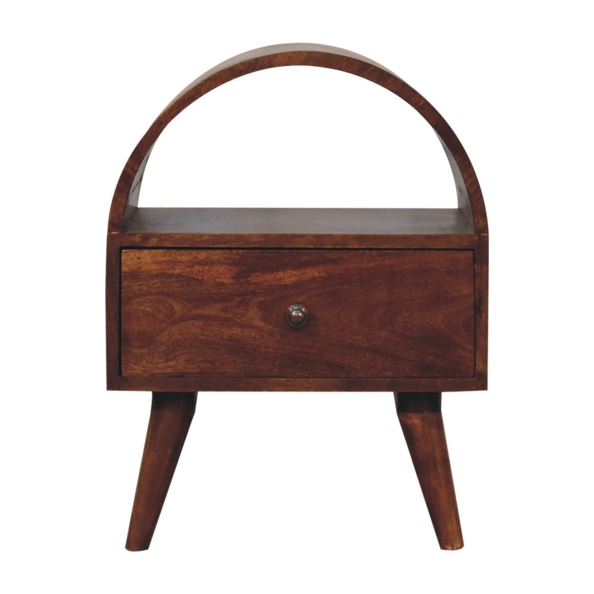 Chestnut dome bedside table with a dark brown wooden curved top nightstand and tapered legs for bedroom use