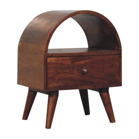 Dark brown wooden nightstand with curved top and tapered legs called chestnut dome bedside table