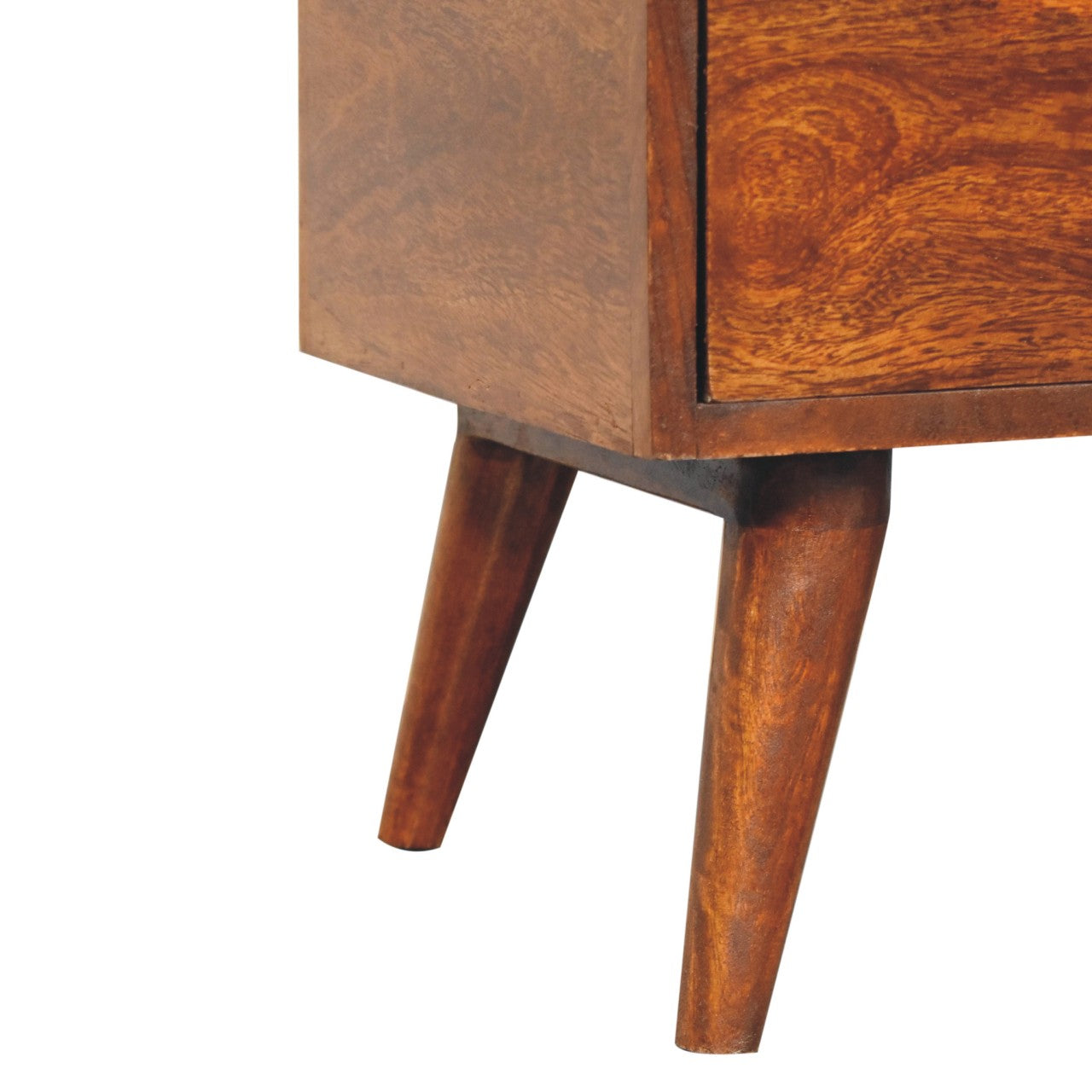 Mid-century modern chestnut dome bedside table with tapered legs and warm richly grained wooden finish