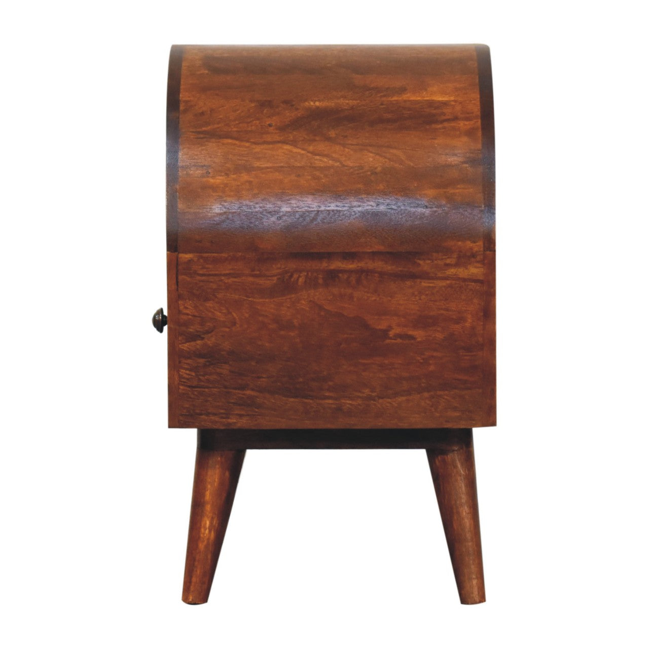 Chestnut dome bedside table with rich warm-toned wooden cabinet curved top and tapered legs for bedroom storage